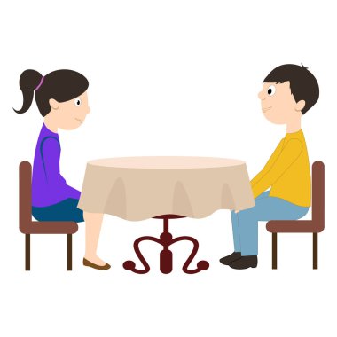 Adam ve kadın masada oturuyordu. Düz stil vektör çizim