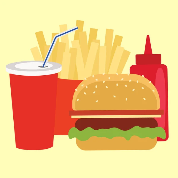 Fast food. Ketchup, mustár, pohár cola, sült krumpli, hamburger. — Stock Vector