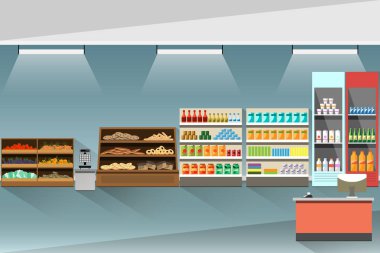 Süpermarket iç. Standları ve raflar ürünleri ile.