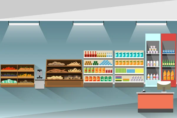Interior del supermercado. Soportes y estantes con productos . — Archivo Imágenes Vectoriales