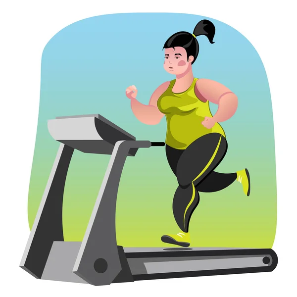 Obese young woman running on treadmill. — Stock Vector