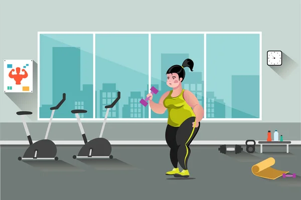 Mujer gorda en el gimnasio — Vector de stock