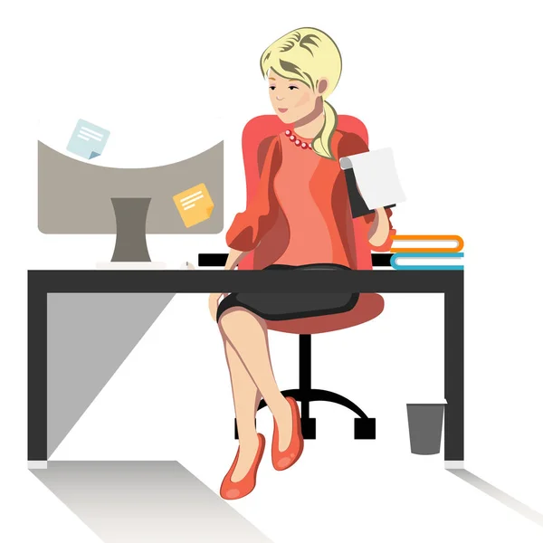 Mulher de negócios ou um funcionário que trabalha em sua mesa de escritório . —  Vetores de Stock