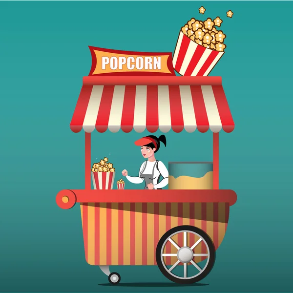 Carretto di popcorn negozio di carnevale e divertente festival carretto di popcorn . — Vettoriale Stock