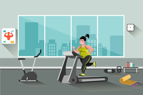 Fat woman running on a treadmill — Stock Vector