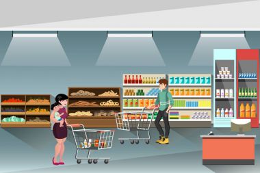 Süpermarket, alışveriş ve raflardaki ürün satın alma insanlarla