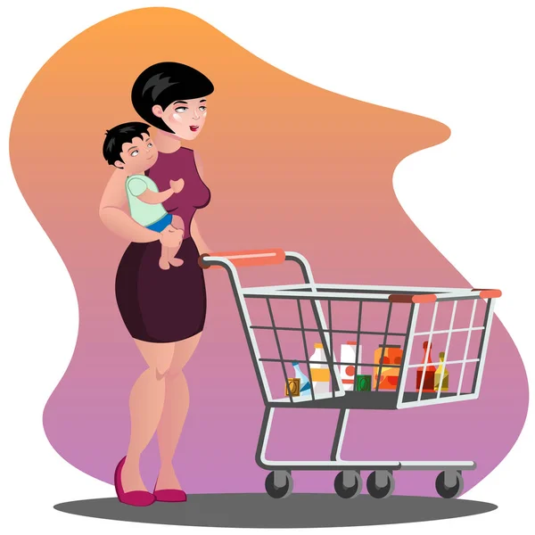 Young mother with son baby toddler in a sling pushing supermarket shopping cart full of groceries. — Stock Vector