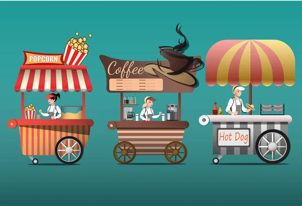 Carro de café callejero, palomitas de maíz y tienda de perritos calientes con vendedores . — Vector de stock