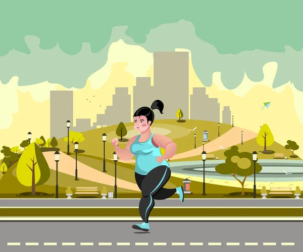 Vrouw joggen in het park tegen de achtergrond van de stad. — Stockvector