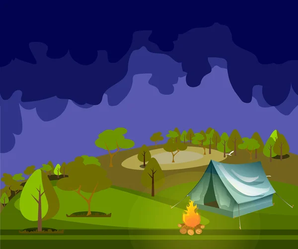 Camping in Forest at Night. — Stock Vector