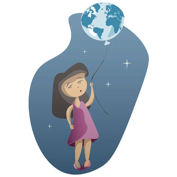 青い背景に地球と小さな女の子 — ストックベクタ