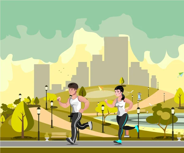Para jogging w parku miejskim — Wektor stockowy