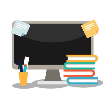 Kitap ve Kırtasiye ile bir bilgisayar.