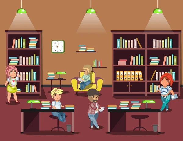 Intérieur de la bibliothèque avec personnes — Image vectorielle