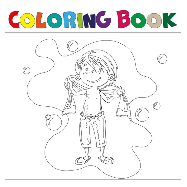Niño en cuarto de baño para colorear libro . — Vector de stock