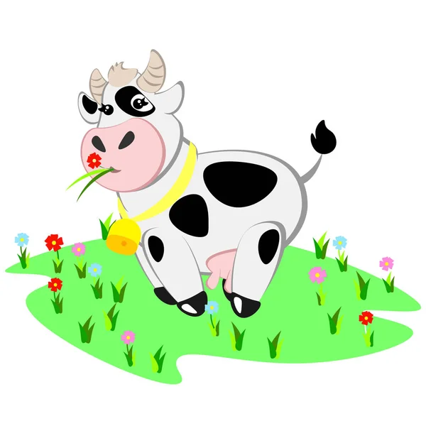 Vaca dos desenhos animados e prado rural com grama verde . — Vetor de Stock