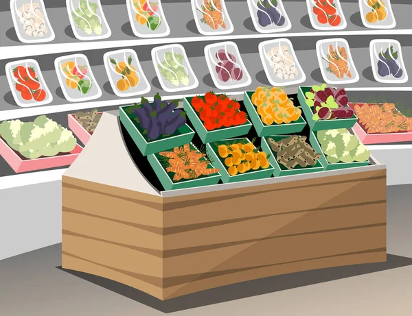 Магазин овочів. Свіжі здорові овочі в супермаркеті. Овочева полиця — стоковий вектор