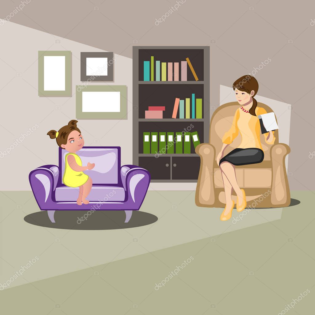 Girl talking with psychologist. Little girl at reception with psychologist