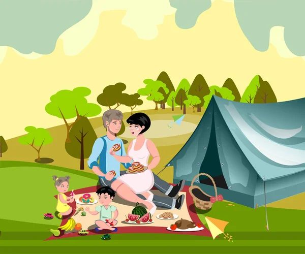 Familia en la naturaleza con una carpa — Vector de stock