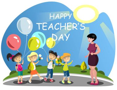 Çocuk öğretmen çiçekler üzerinde kutladı