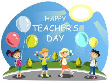 Öğretmen s gün grup çiçek balonlar veren çocuk