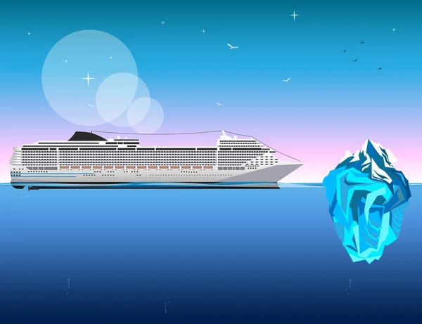 Schiff mit Eisberg auf blauem Hintergrund. — Stockvektor