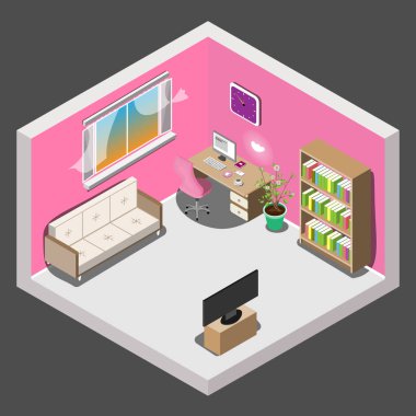 İzometrik kız odanın iç tasarım