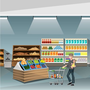 Genç adam bir boş süpermarket arabası itme.
