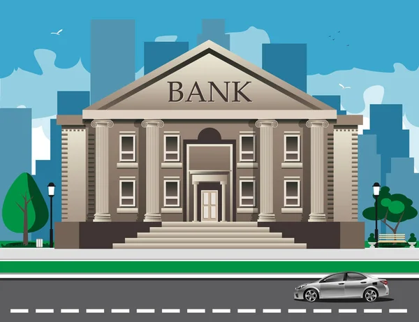Bankovní budova s siluetu města za. — Stockový vektor