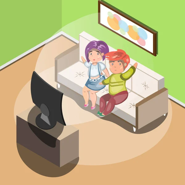 Paret tittar på tv i vardagsrummet — Stock vektor