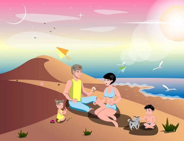 Симпатичная семья мультгероев на пляже — стоковый вектор
