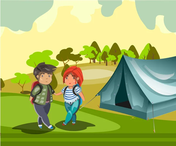 Touristenpaar mit Zelt. — Stockvektor