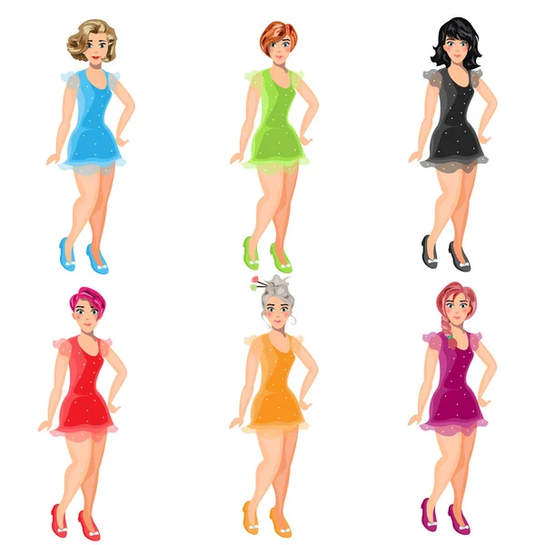 Schöne Frauen in unterschiedlich farbigen Kleidern. — Stockvektor