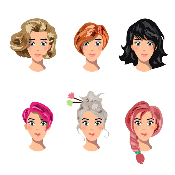 Différents visages de femmes avec des coiffures — Image vectorielle
