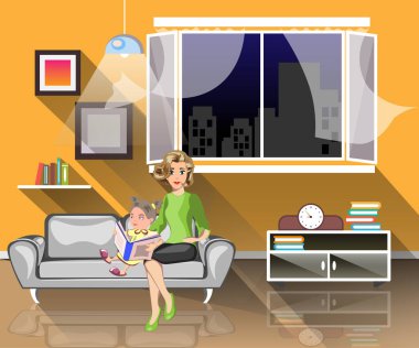 Kız anne oturma odasında ile kitap okumak