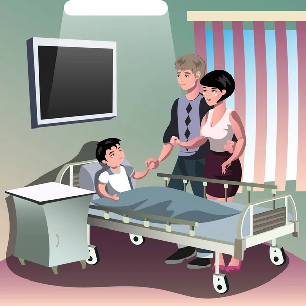 Genitori con ragazzo malato sdraiato in un letto medico . — Vettoriale Stock
