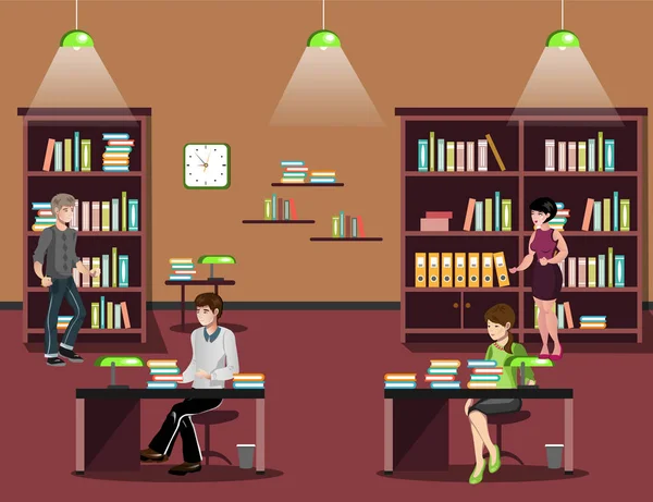 Biblioteca interior con gente — Vector de stock