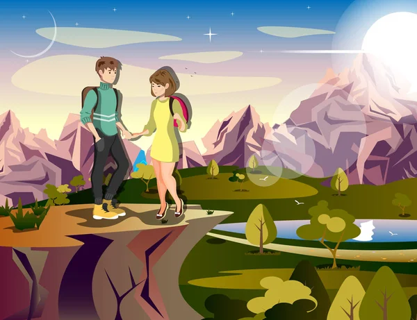 Pareja senderismo hombre mujer viajero en la montaña — Vector de stock