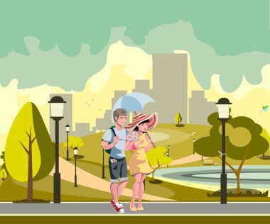 Mutlu çiftimiz parkta yürüyüş.