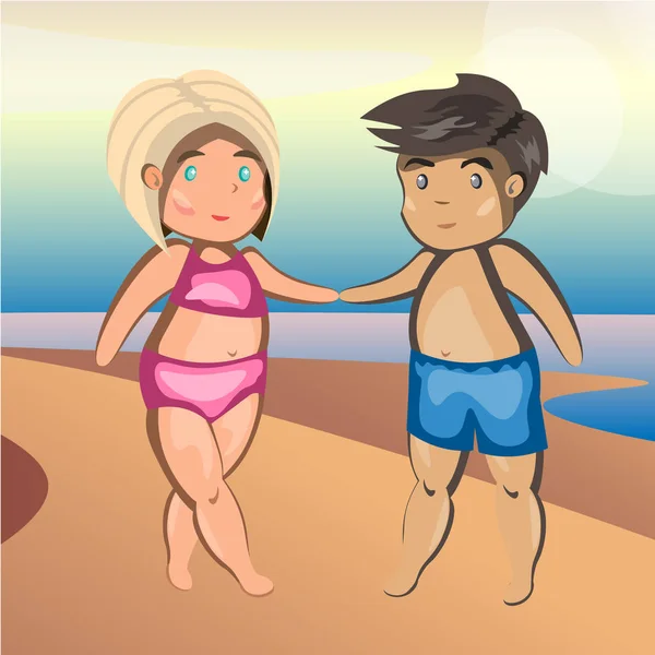 Couple de personnages amoureux sur la plage . — Image vectorielle
