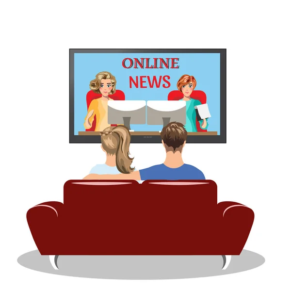 Casal sentado no sofá e assistindo TV — Vetor de Stock