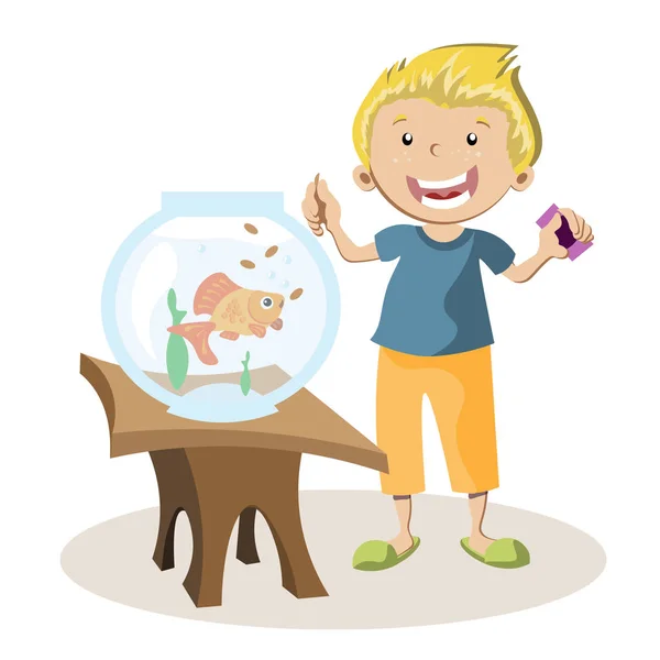 Chlapec krmení rybiček v jejich akvária — Stockový vektor