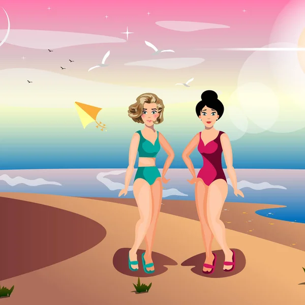 Δύο κορίτσι στην παραλία — Διανυσματικό Αρχείο