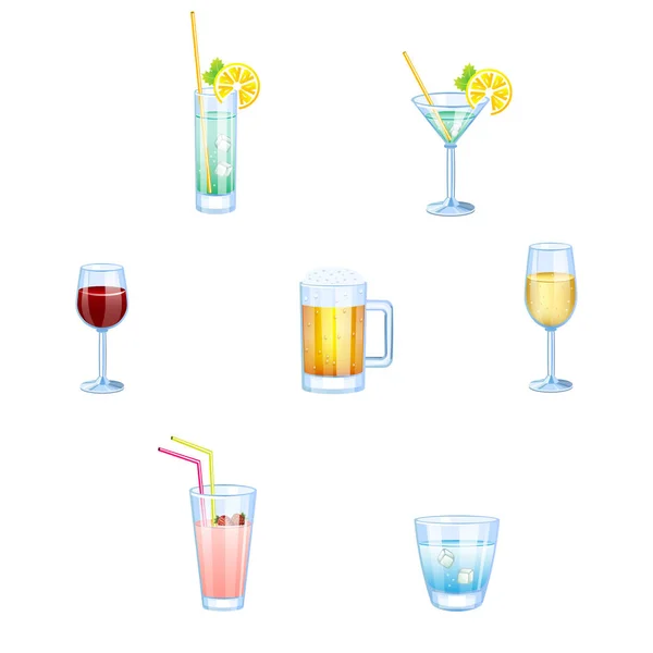 Alkoholické nápoje a nealkoholické nápoje s brýlemi, samostatný. — Stockový vektor