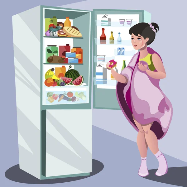 Mujer cerca del refrigerador pensando qué comer . — Archivo Imágenes Vectoriales