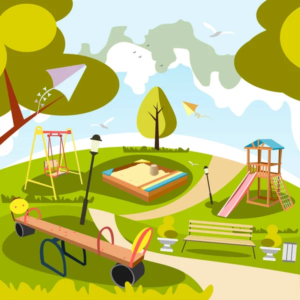 Parque y parque infantil de dibujos animados — Vector de stock