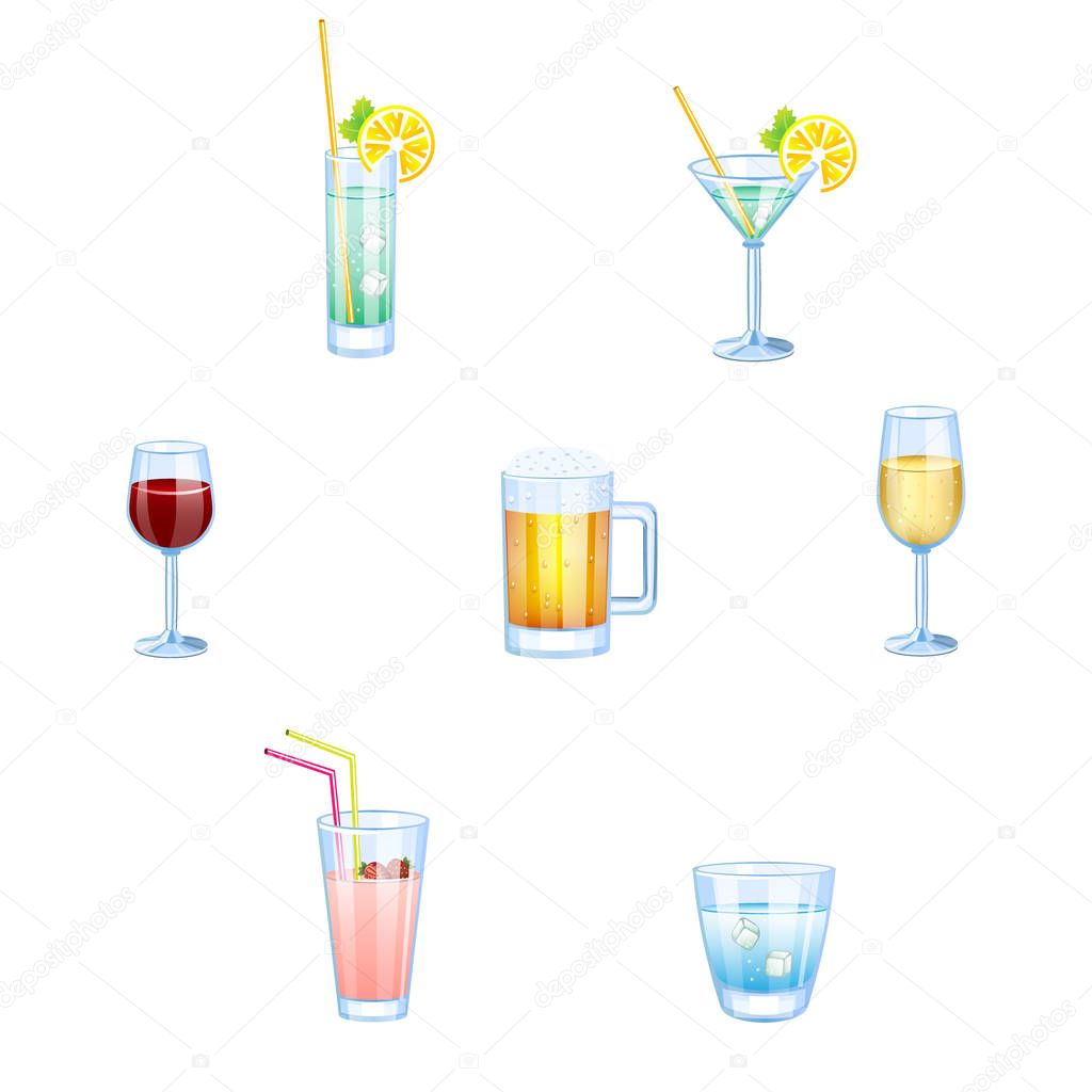 Alcoholic drinks and non alcoholic drinks with glasses isolated.