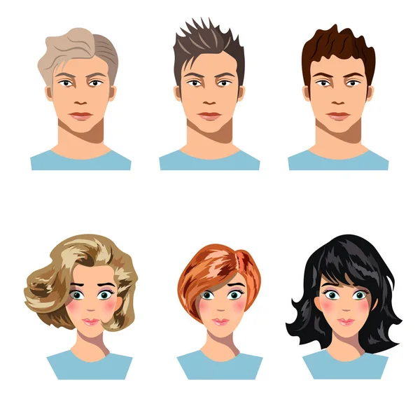 Set of men and women in different hair. — Stock Vector