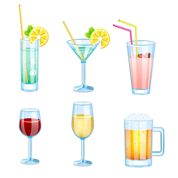 Set de bebidas con diferentes cervezas y cócteles . — Archivo Imágenes Vectoriales