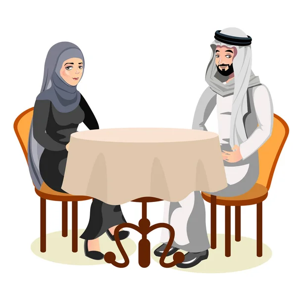Pasangan Muslim duduk bersama di meja bersama-sama - Stok Vektor